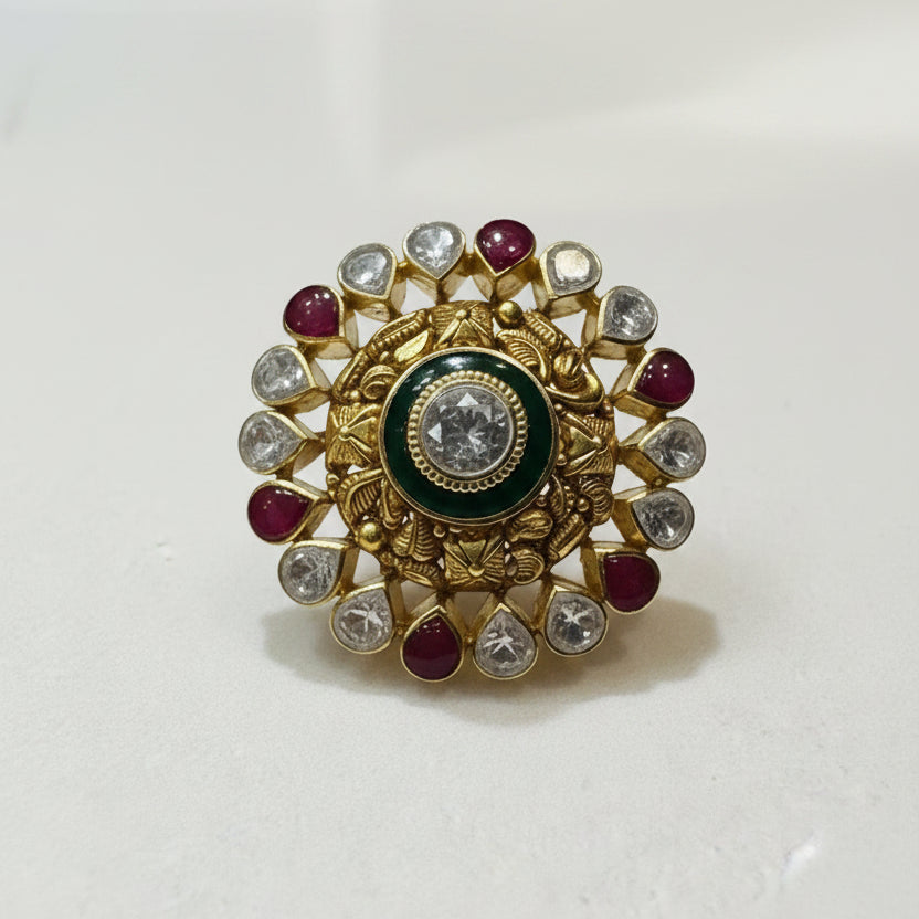 Green Enamel & Ruby Cabochon Moissanite Polki Statement Ring