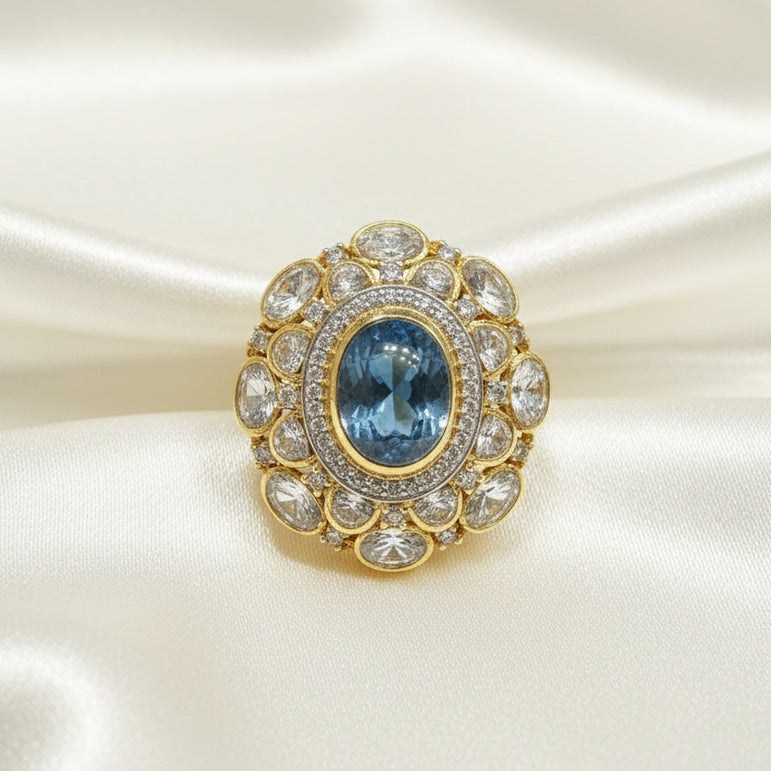 Oval Royal Blue Sapphire Cabochon & Moissanite Polki Statement Ring