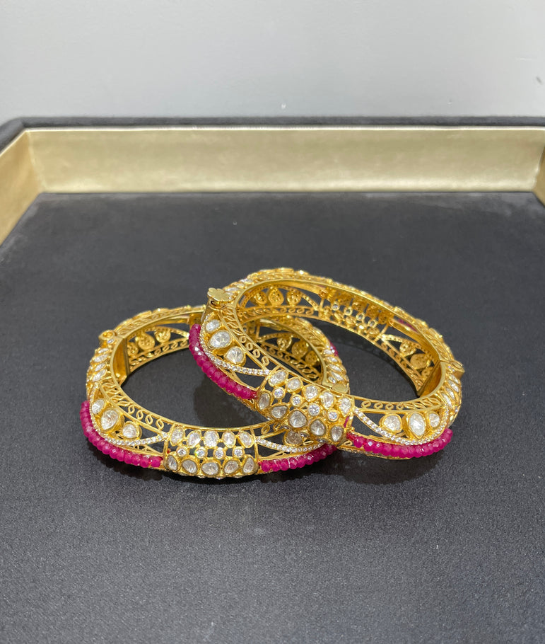 REAL LOOK PURE SILVER POLKI BANGLE WITH PINK BEADS | 22KT GOLD PLATED ( 1 PAIR )