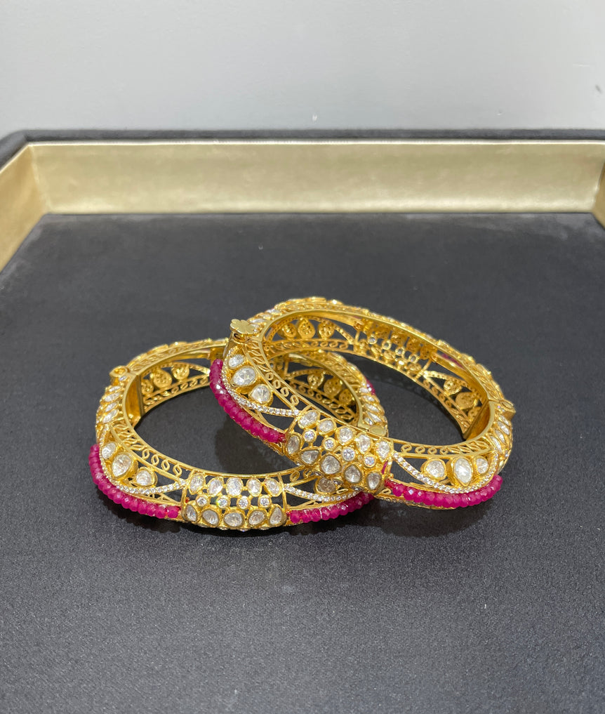 REAL LOOK PURE SILVER POLKI BANGLE WITH PINK BEADS | 22KT GOLD PLATED ( 1 PAIR )