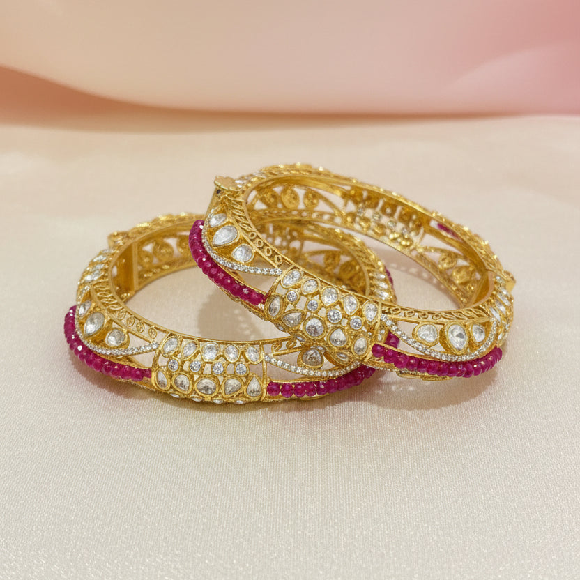 Real Gold Look Polki Bangle With Pink Beads