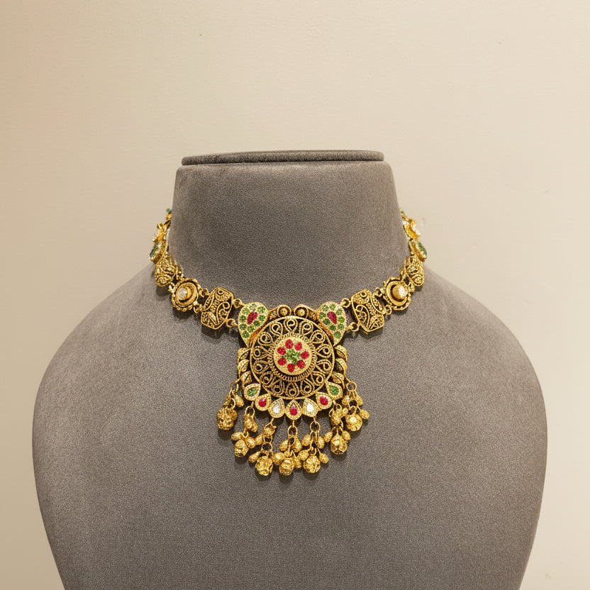 Antique Gold Spiral Filigree Medallion & Ghungroo Set