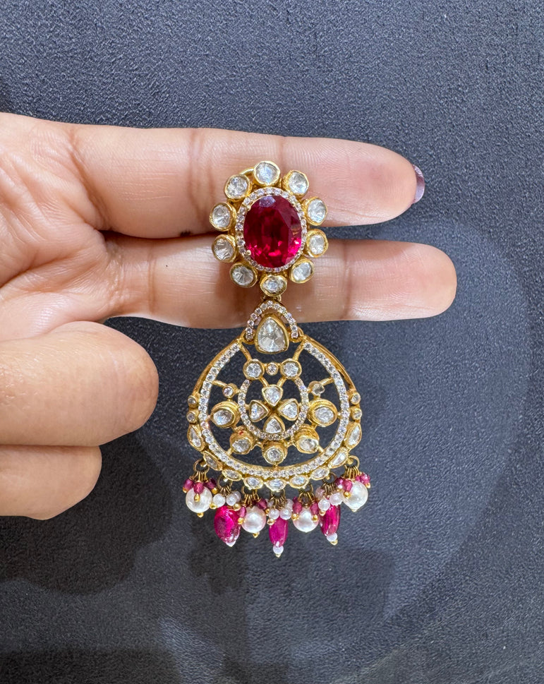 925 Silver Ruby Polki Earrings