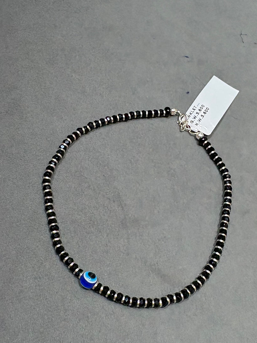 Faceted Black Bead Single Evil Eye Anklet
