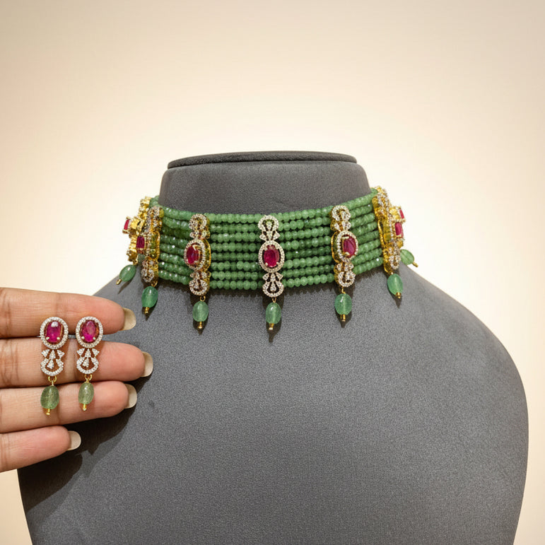 Luxe Mint Green Beaded Diamond Choker