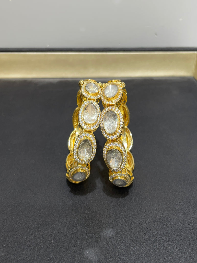 CLASSIC PURE SILVER POLKI BANGLE | 22KT GOLD PLATED ( 1 PAIR )