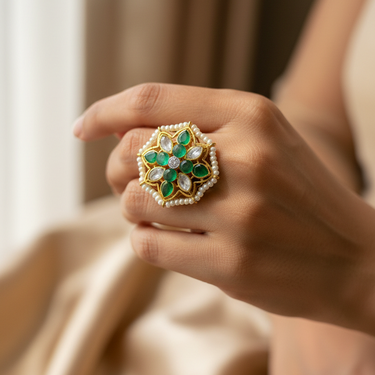 Emerald Green Floral Polki Ring