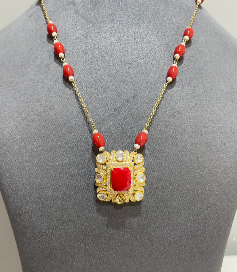 925 Silver Traditional Red Stone Polki Pendant