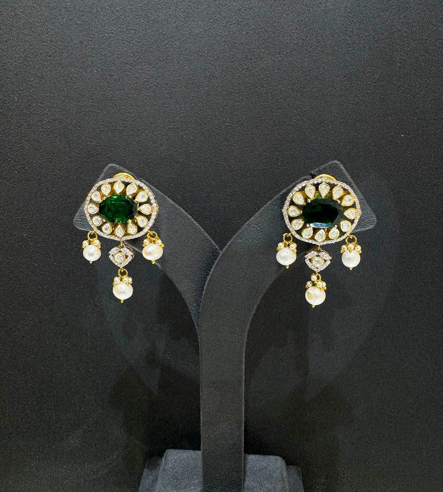 925 Silver Emerald Polki & Pearl Earrings