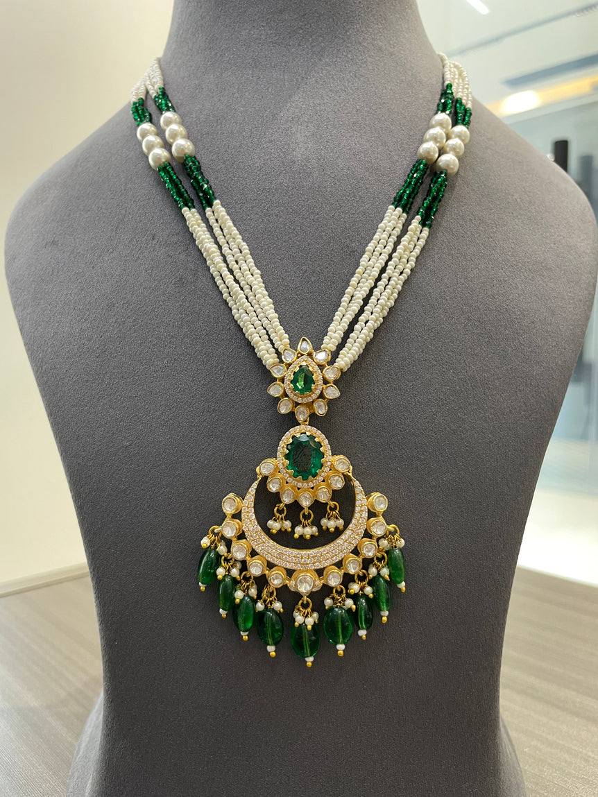 925 Silver Emerald Chandbali Necklace Set