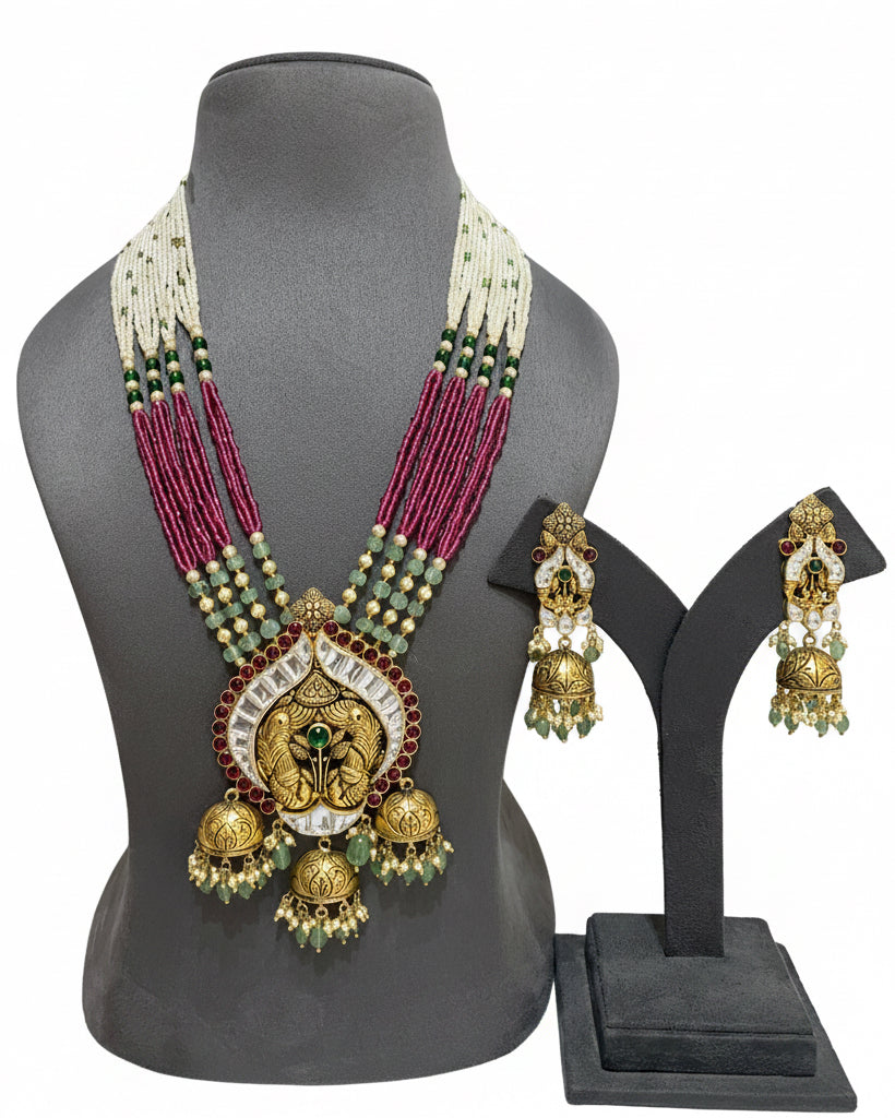 Antique Nakshi Mayur Moissanite Polki Long Set