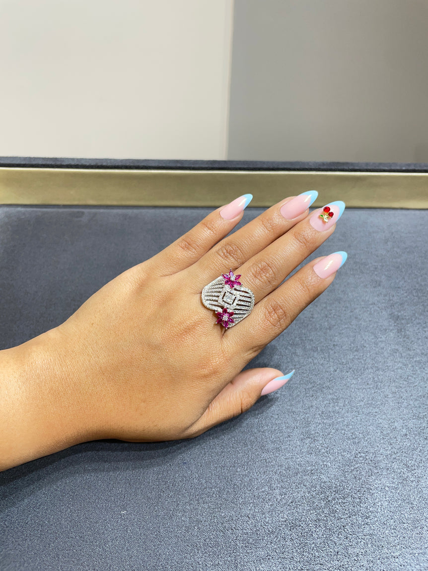 925 Silver American Pink Floral Diamond Ring