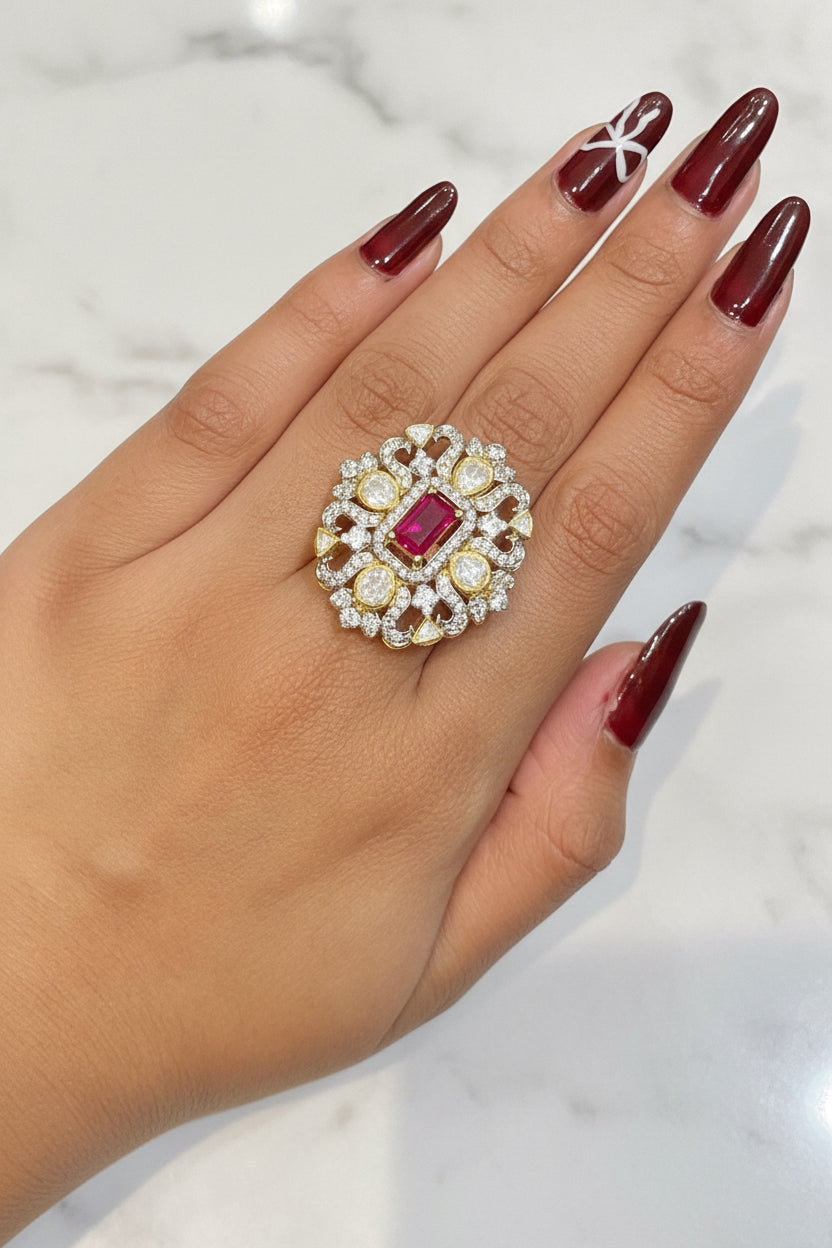 Elegant Ruby and Polki Statement Polki Ring