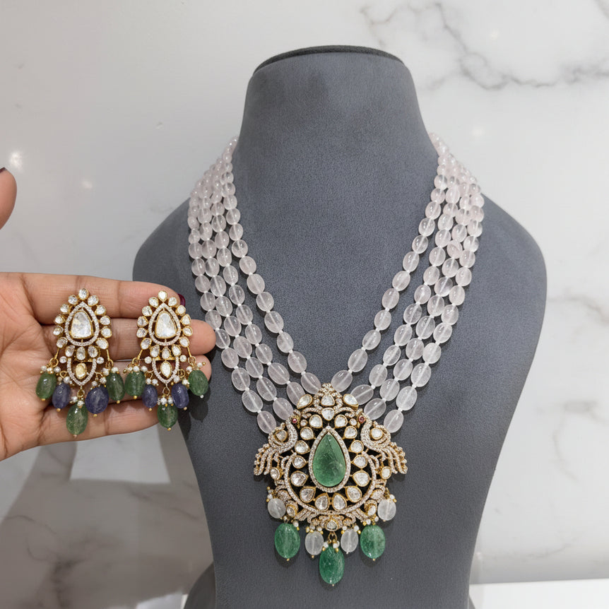 Ethereal Rose Quartz & Emerald Polki Pendant Set