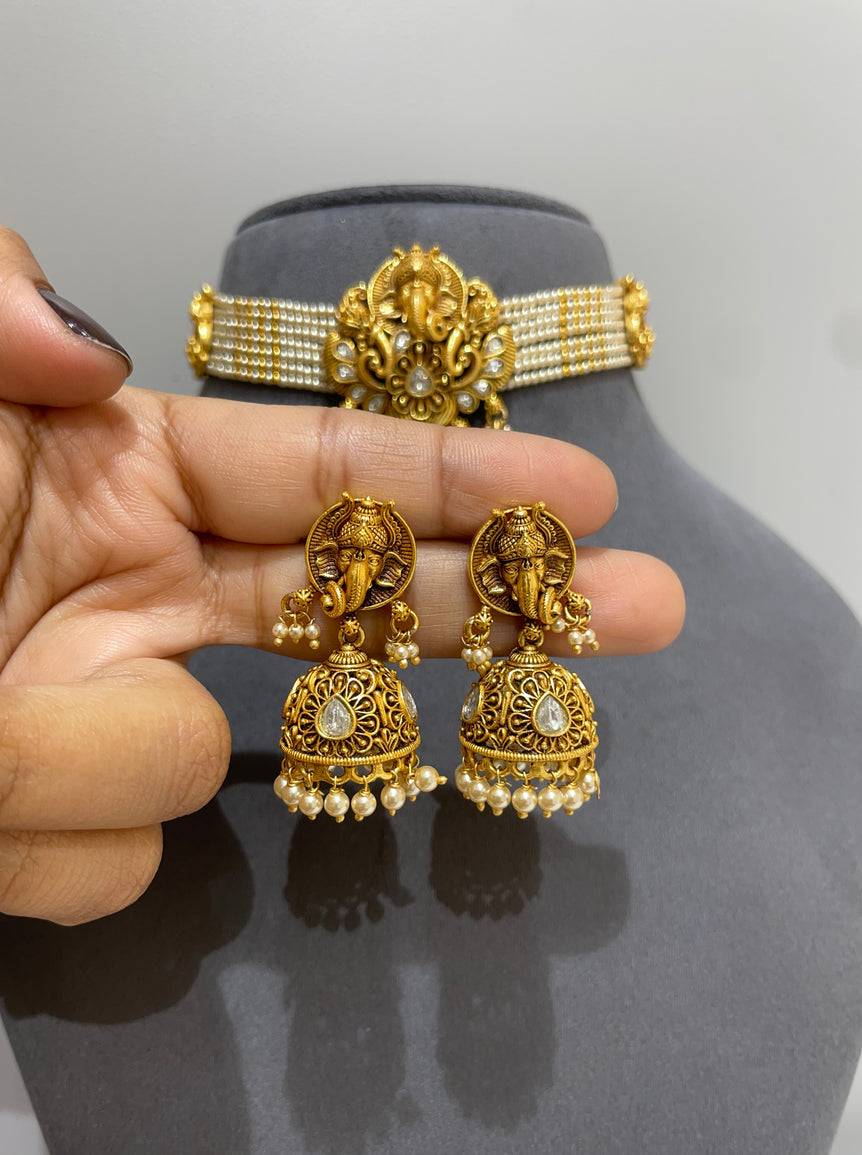 925 Silver Ganesh Prabha Antique Gold Look Choker