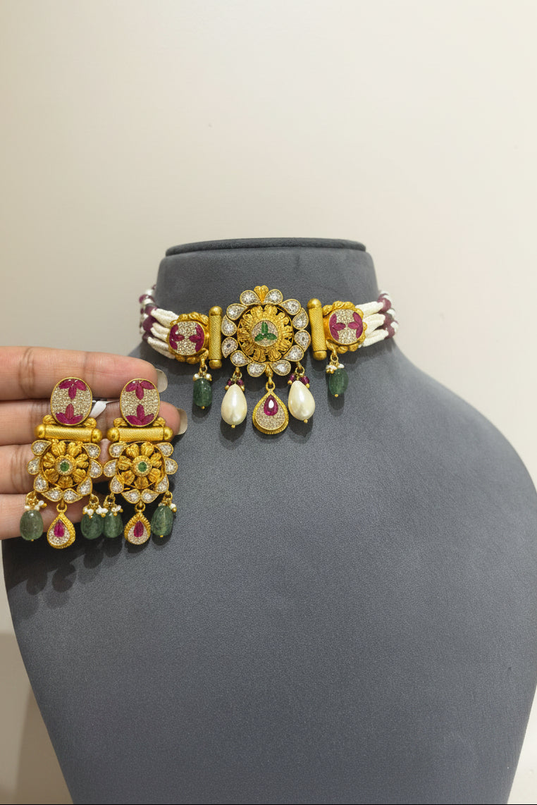 Nakshi Multi-Gemstone Gold Look Choker