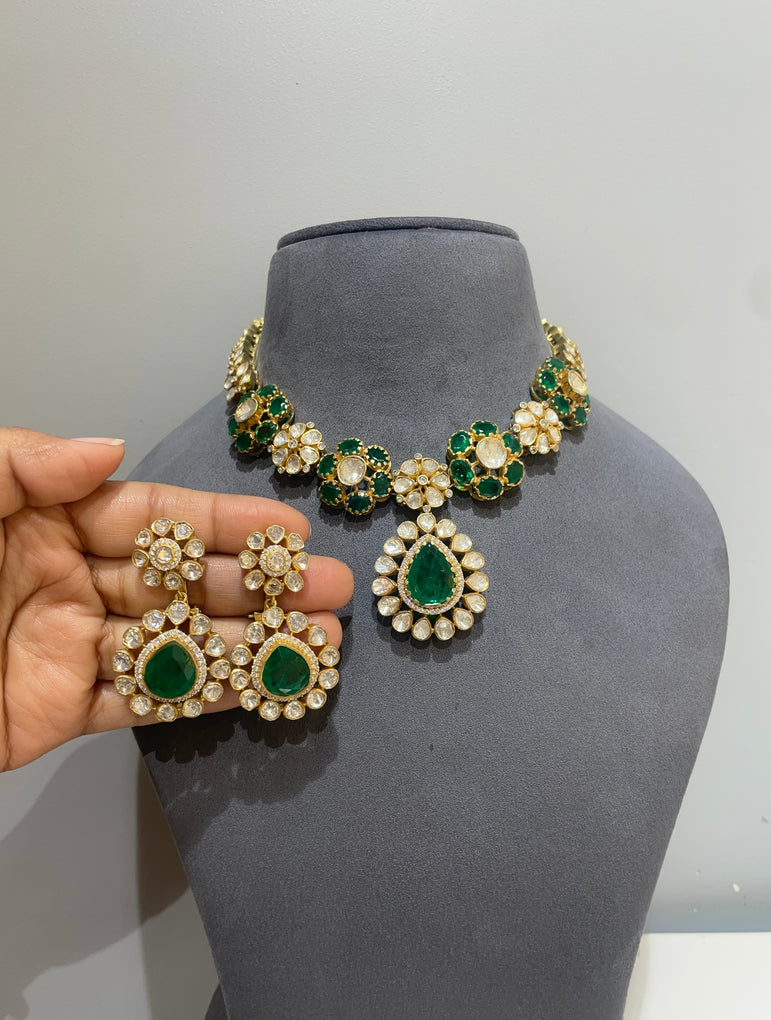 925 Silver Sanganer Polki Necklace Set