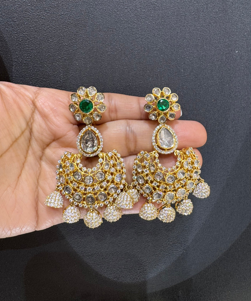 925 Silver Heavy Polki Chandbali Earrings