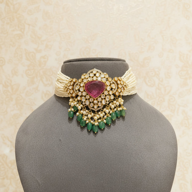 Ruby-Pink Heart Solitaire & Moissanite Polki Statement Choker