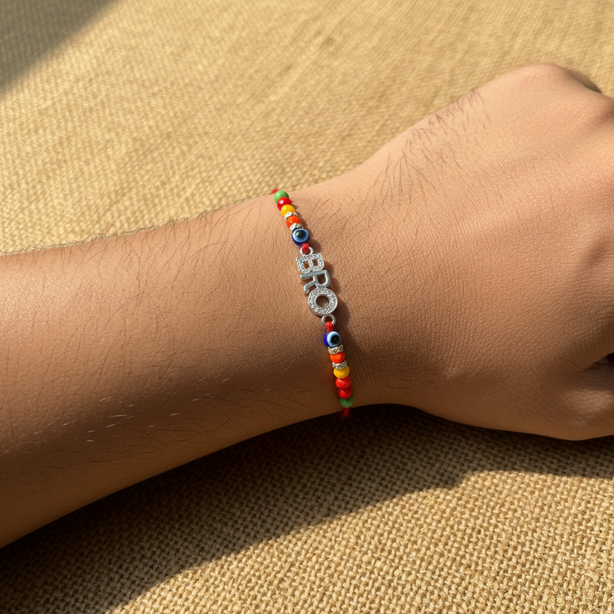 BRO" Rakhi with Colorful Beads and Red Thread Rakhi