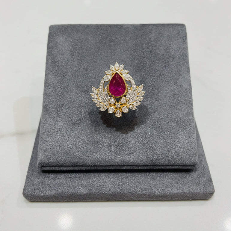 Imperial Pear-Cut Carved Ruby Statement Moissanite Diamond Ring