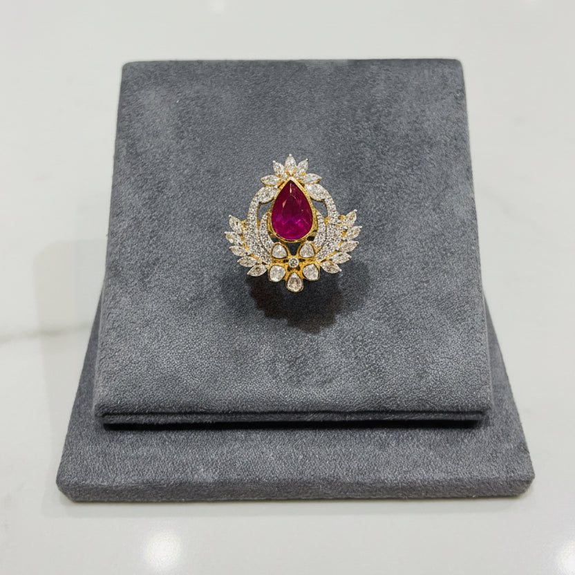 Imperial Pear-Cut Carved Ruby Statement Moissanite Diamond Ring