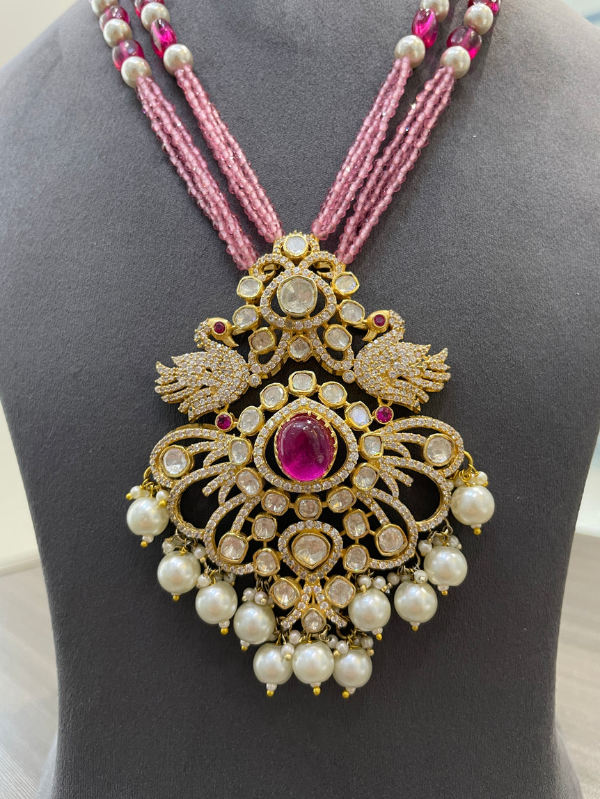 925 Silver Long Hamsika Polki Necklace Set