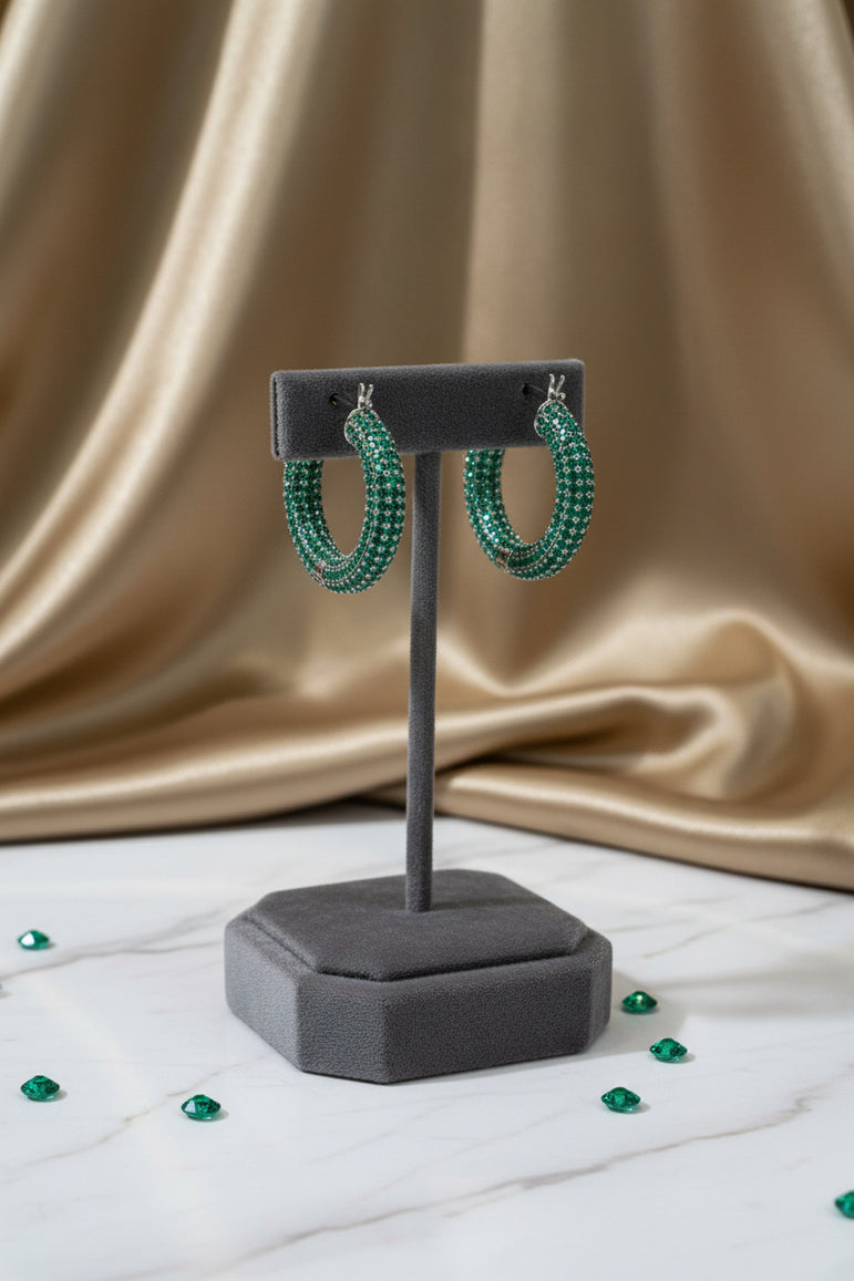 Green Tiny Stones Hoop Diamond Earrings