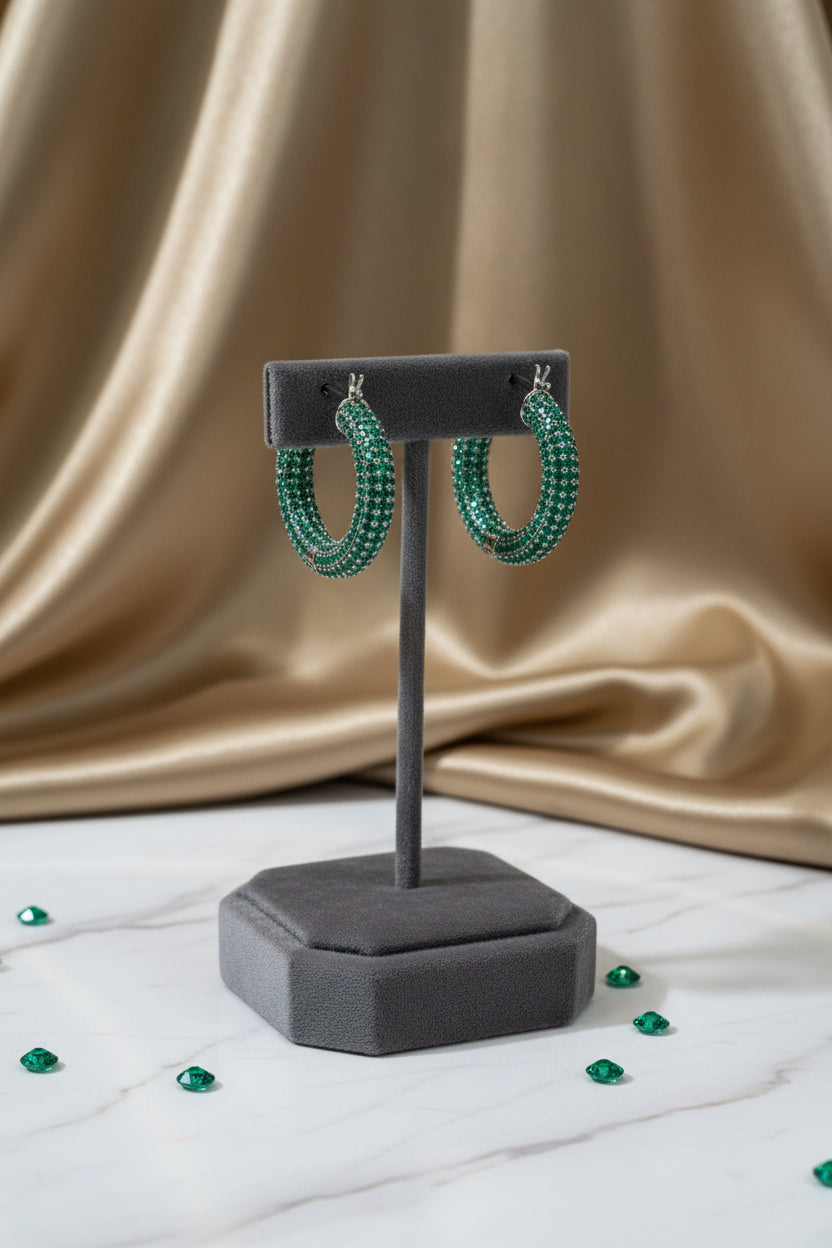 Green Tiny Stones Hoop Diamond Earrings