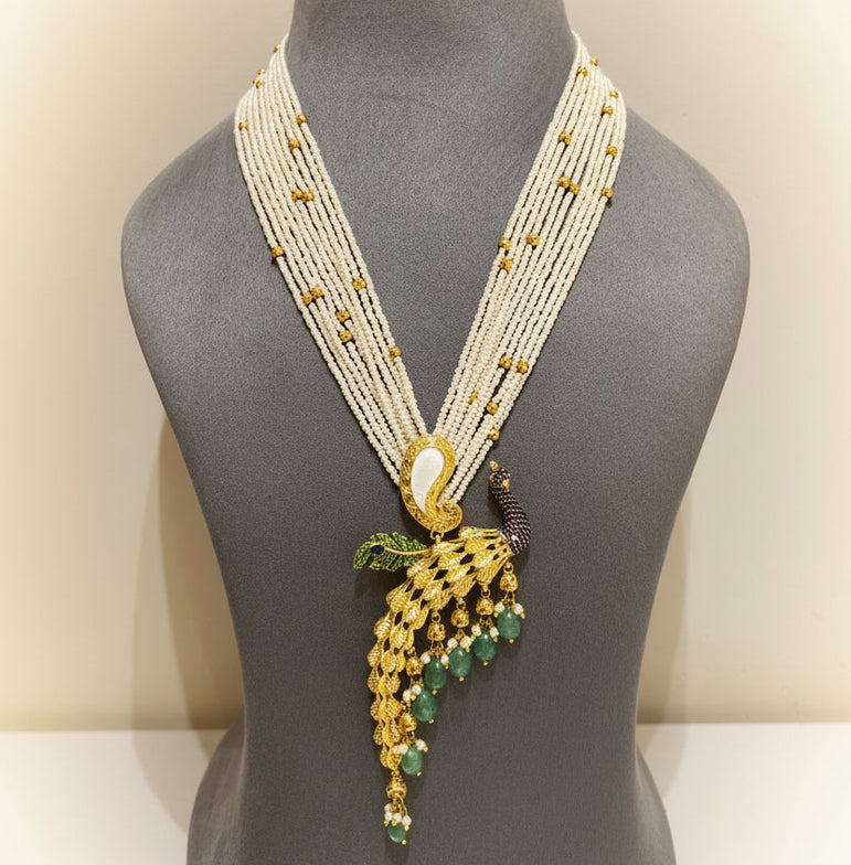 Majestic Sculpted Peacock & Multi-Strand Pearl Long Set