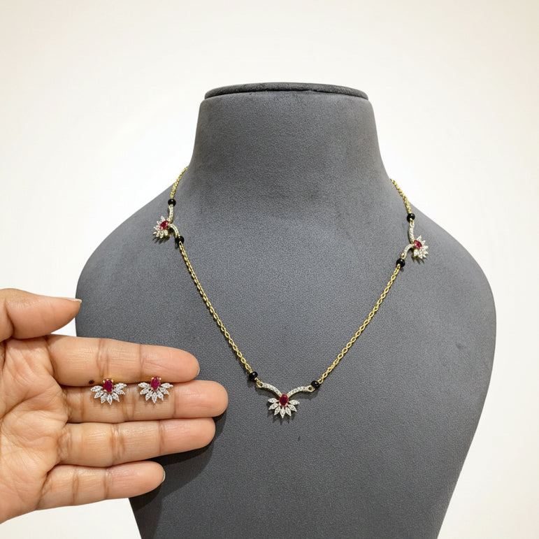 Ruby Floral Tanmaniya Style Diamond Mangalsutra Pendant Set