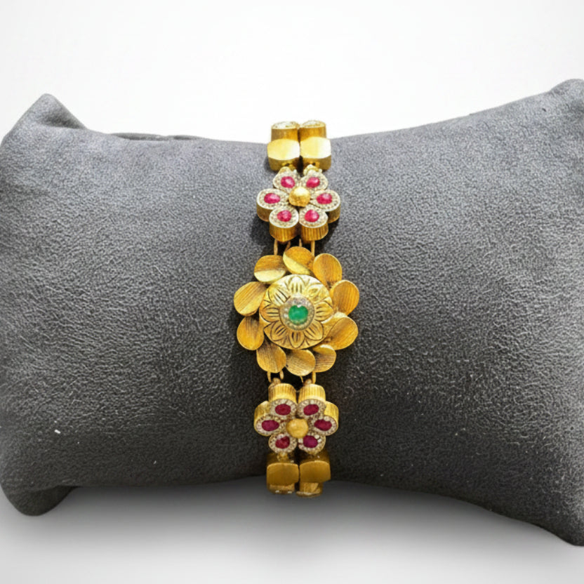 Sculpted Lotus Nakshi & Ruby-Toned Floral Gold Look Bracelet