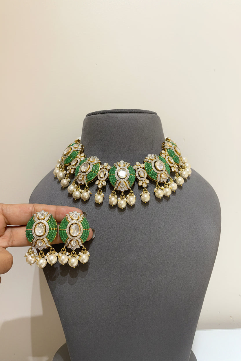 Emerald Beaded Medallion Moissanite Polki Choker