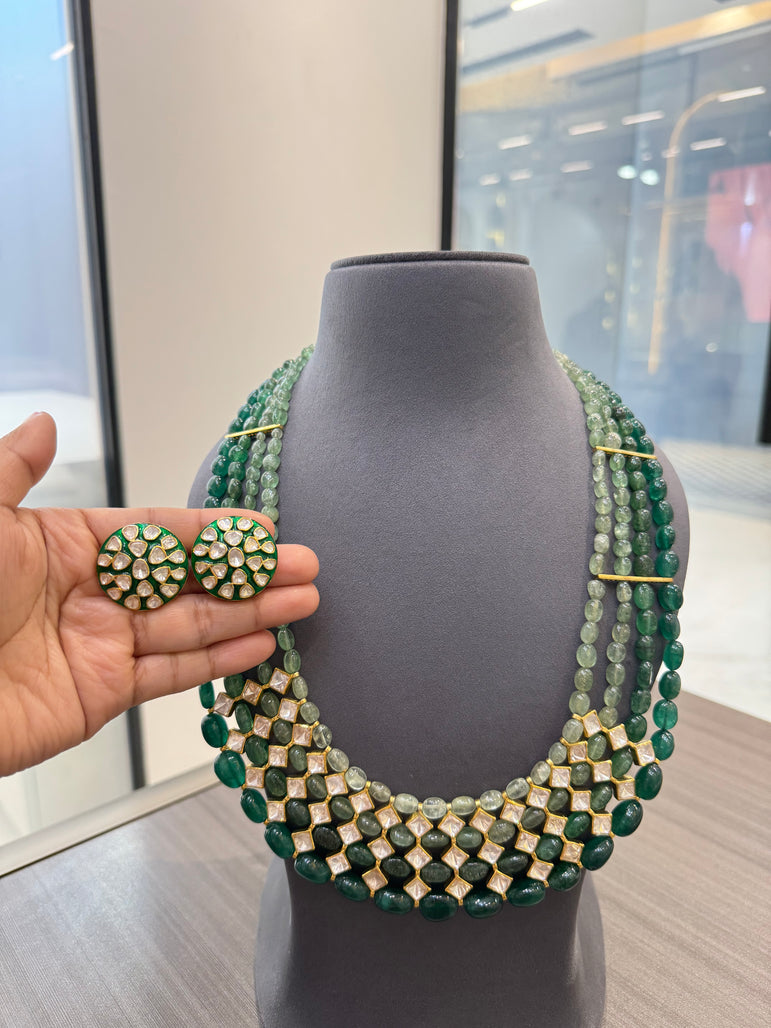 925 Silver Emerald Noor Polki Long Necklace Set