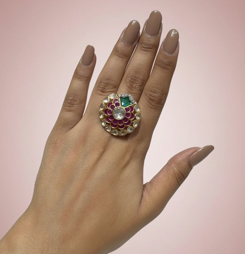 Royal Peacock Motif Ruby Enamel & Polki Dual-Halo Statement Ring