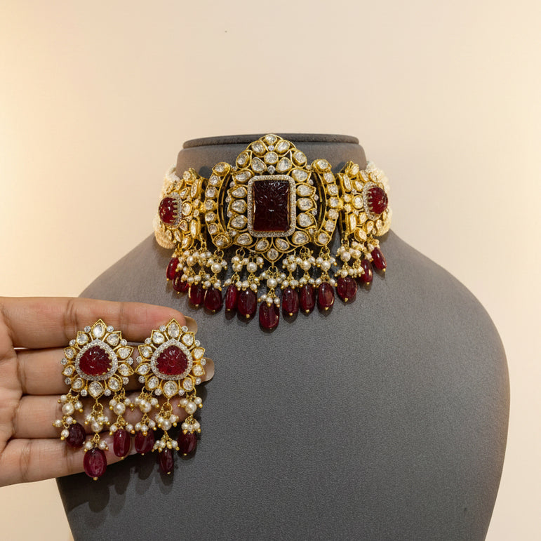 Carved Ruby Quartz Polki Floral Medallion Choker