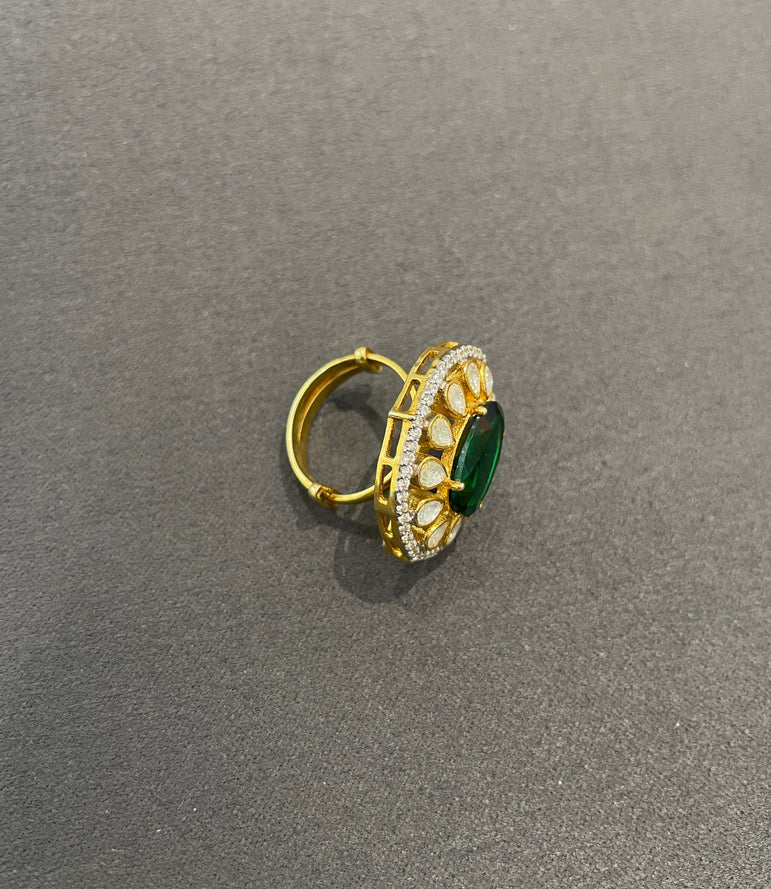 925 Silver Emerald Polki Ring