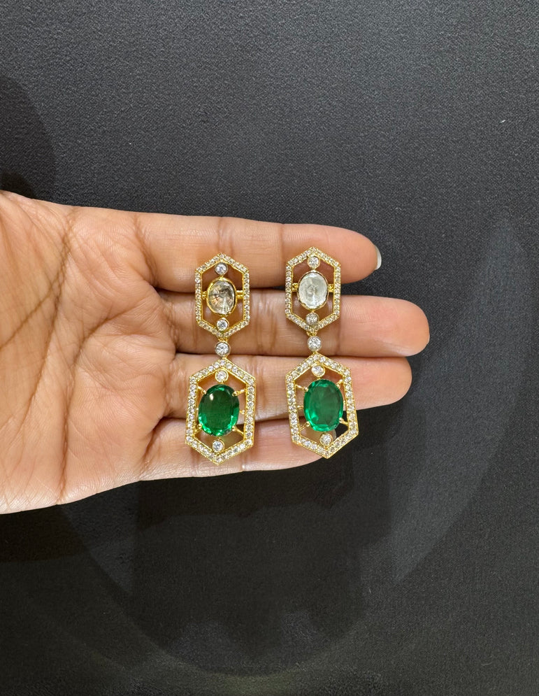 925 Silver Elegant Emerald & Polki Earrings