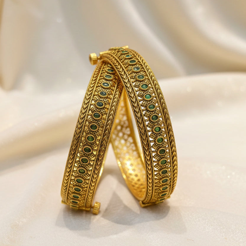 Green Stones Antique Gold Look Bangle