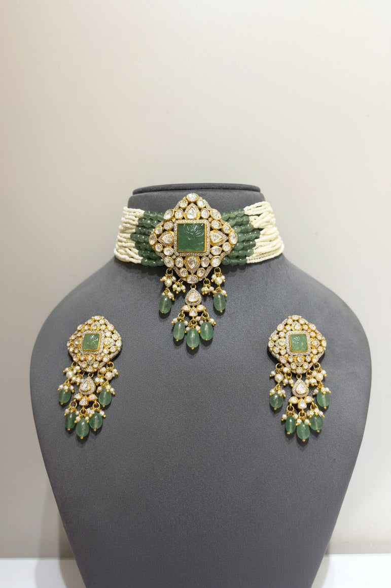 Heritage Carved Emerald Moissanite Polki Choker
