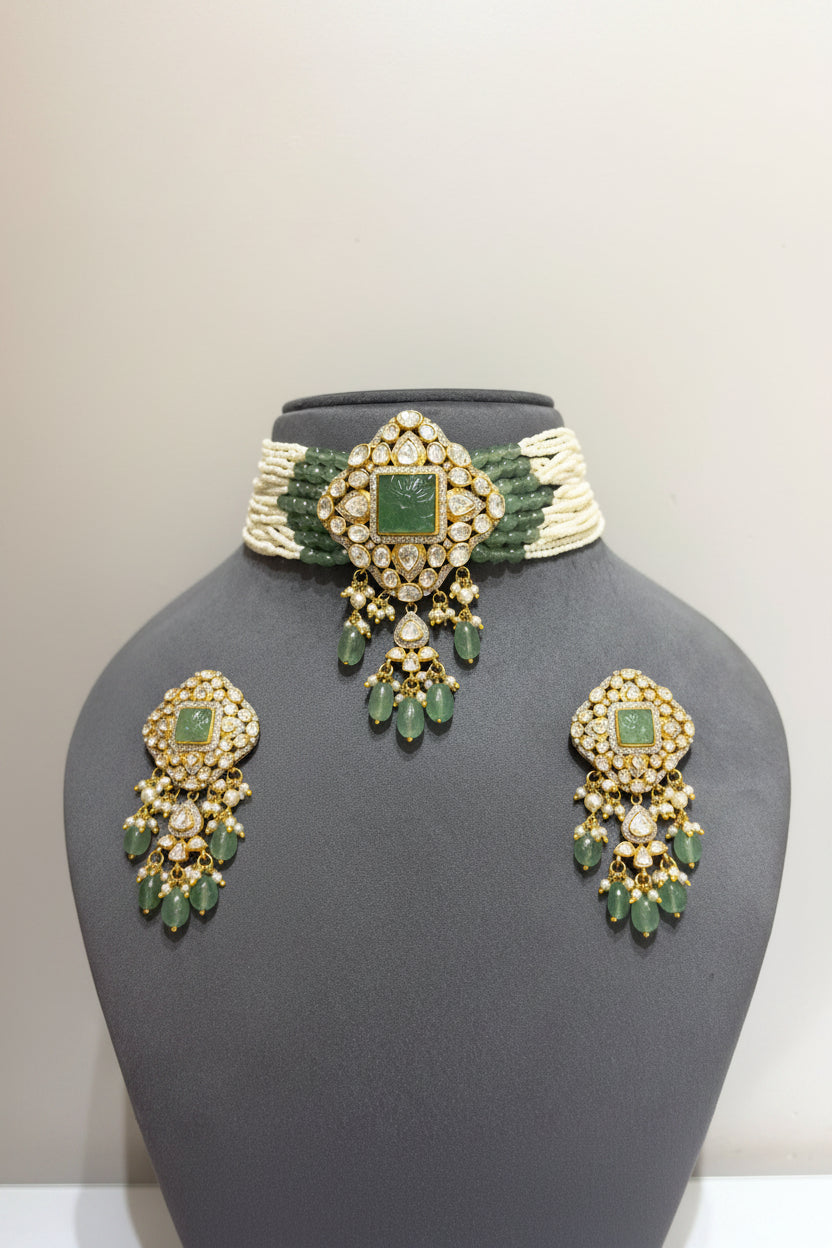 Heritage Carved Emerald Moissanite Polki Choker