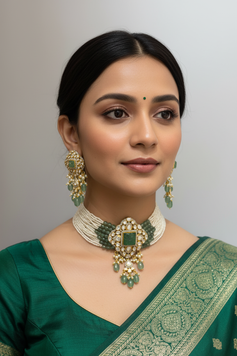 Heritage Carved Emerald Moissanite Polki Choker