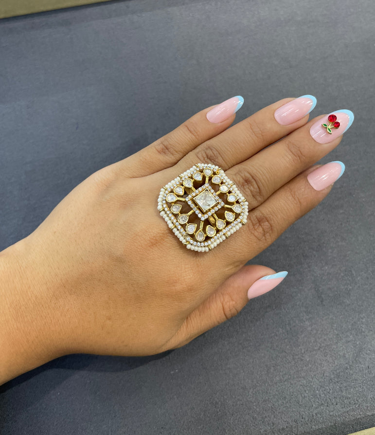 925 Silver Geometric Polki Ring