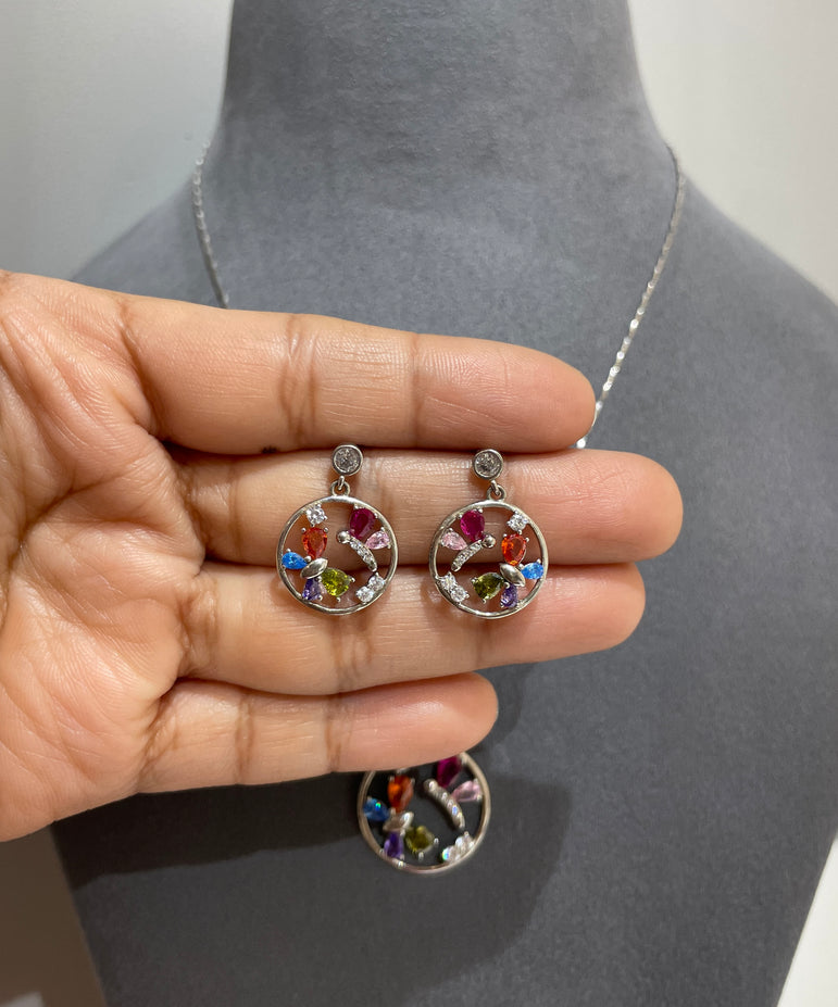 925 Silver Multi Colour Butterfly Pendant Set (Without Chain)