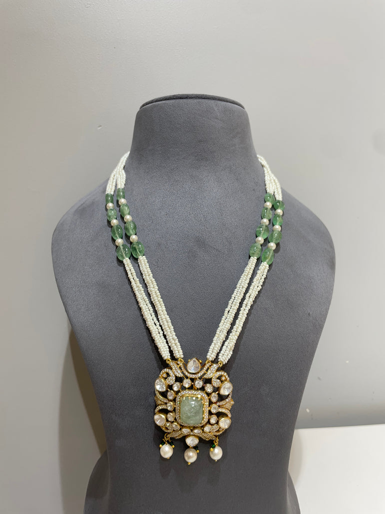 Royal Multi-Strand Pearl and Green Bead with Moissanite Polki Pendant