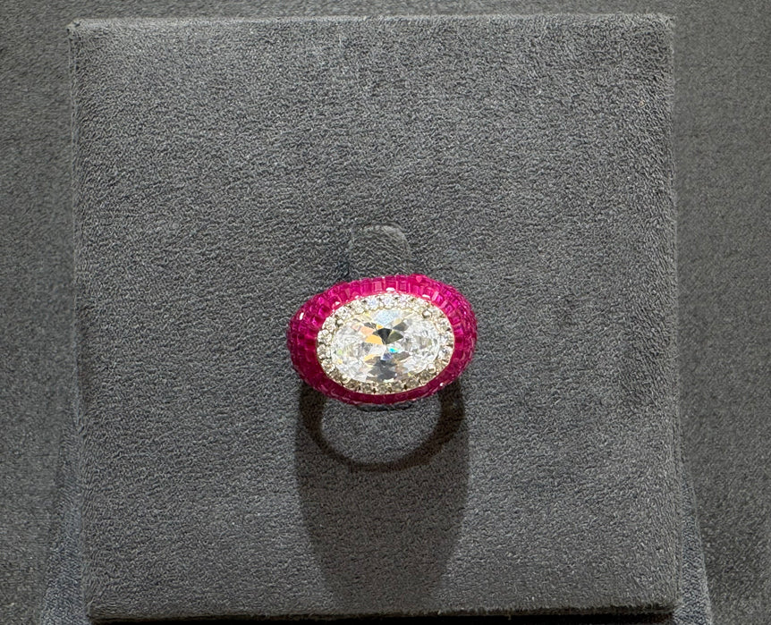 PRETTY PINK COLOR WITH A BIG DIAMOND PURE SILVER RING