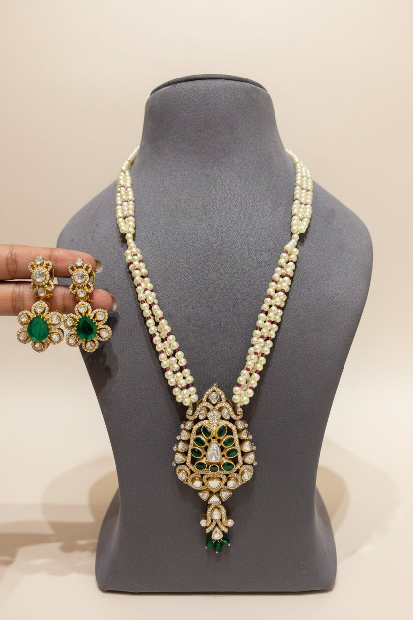 Majestic Peacock Crest Moissanite Polki Pendant Set