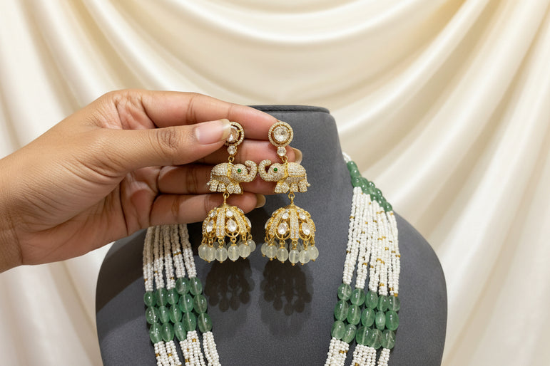 Royal Elephant-Crest Moissanite Polki Long Haram Set