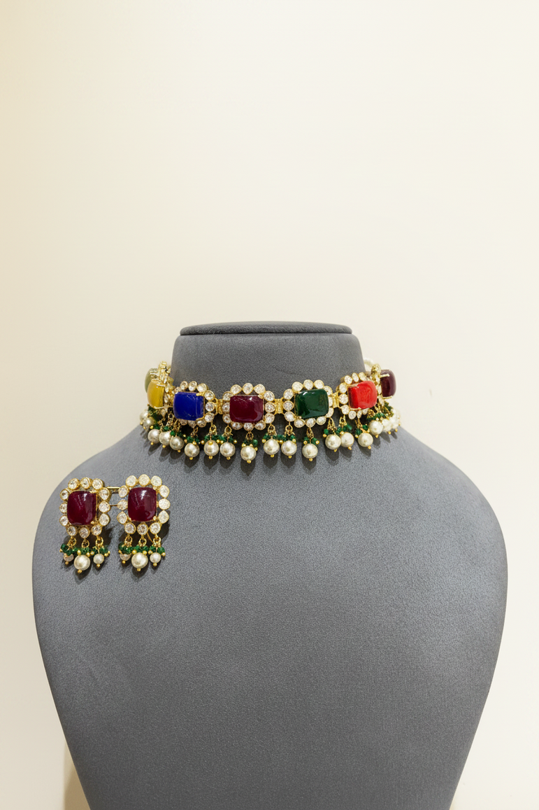 Navratna Cushion-Cut Moissanite Polki Choker