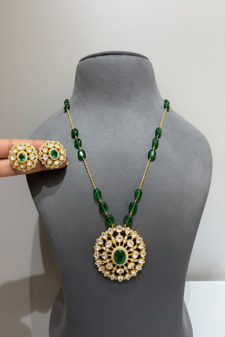 Emerald Green Moissanite Polki Pendant Set